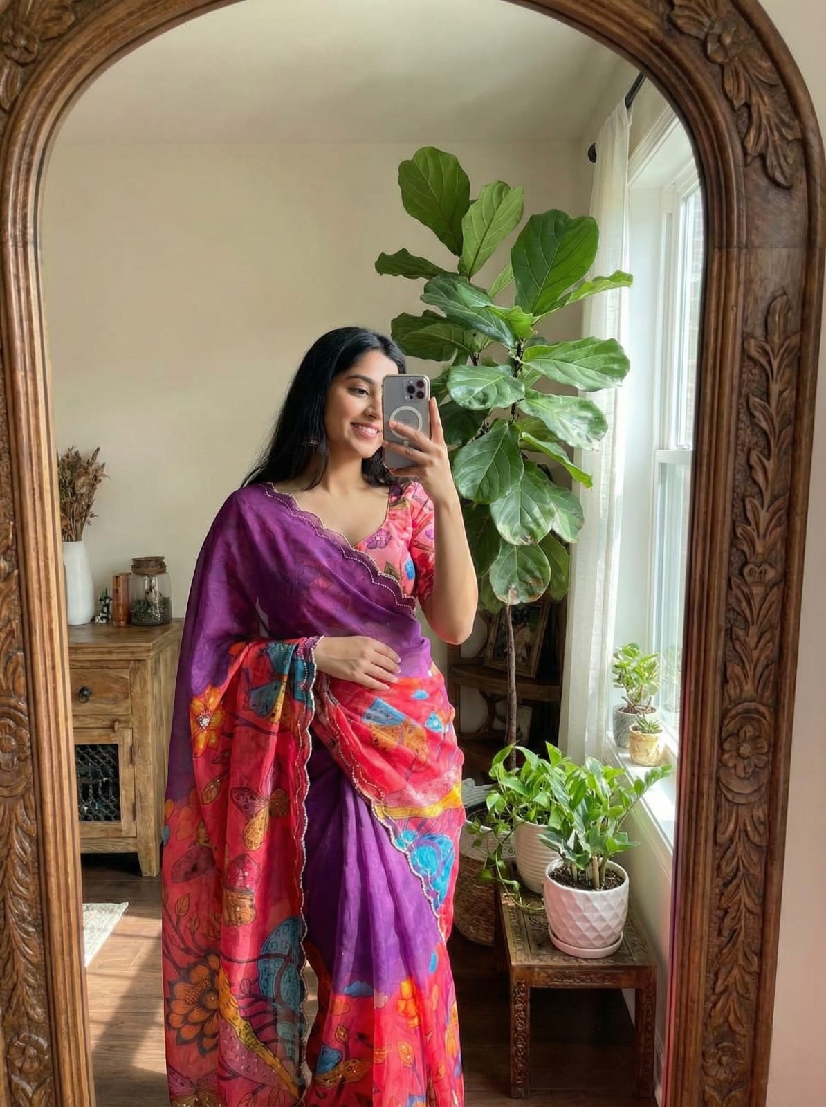 Teby Silk Saree with Butterfly Digital Print & Cutdana Khatli Work Border ✨
