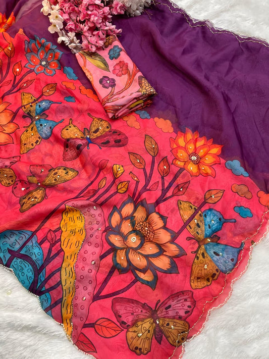 Teby Silk Saree with Butterfly Digital Print & Cutdana Khatli Work Border ✨
