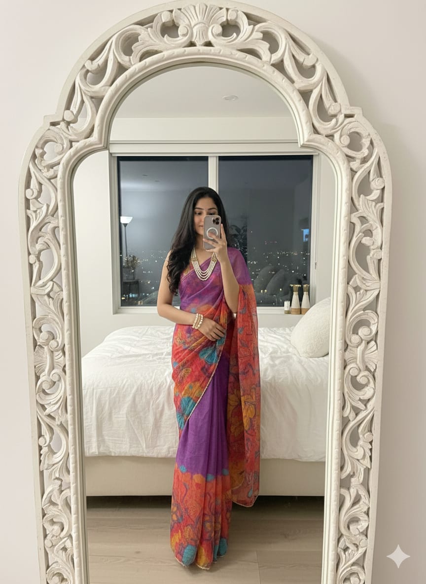 Teby Silk Saree with Butterfly Digital Print & Cutdana Khatli Work Border ✨