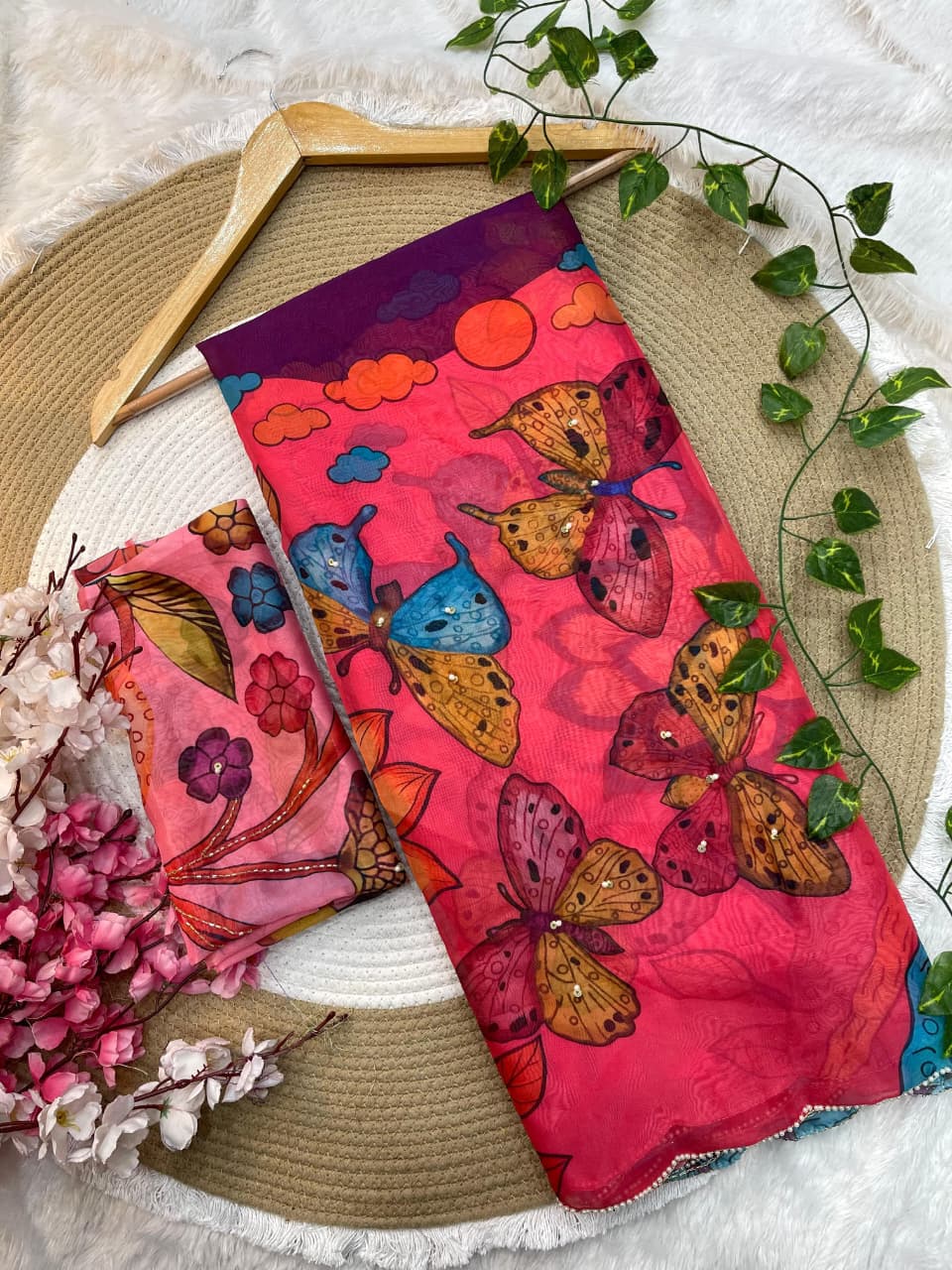 Teby Silk Saree with Butterfly Digital Print & Cutdana Khatli Work Border ✨