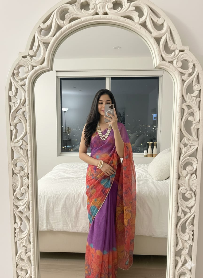 Teby Silk Saree with Butterfly Digital Print & Cutdana Khatli Work Border ✨