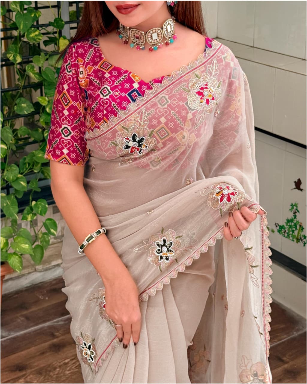 Zari With Sequin Embroidered Border in full saree with svaroski work