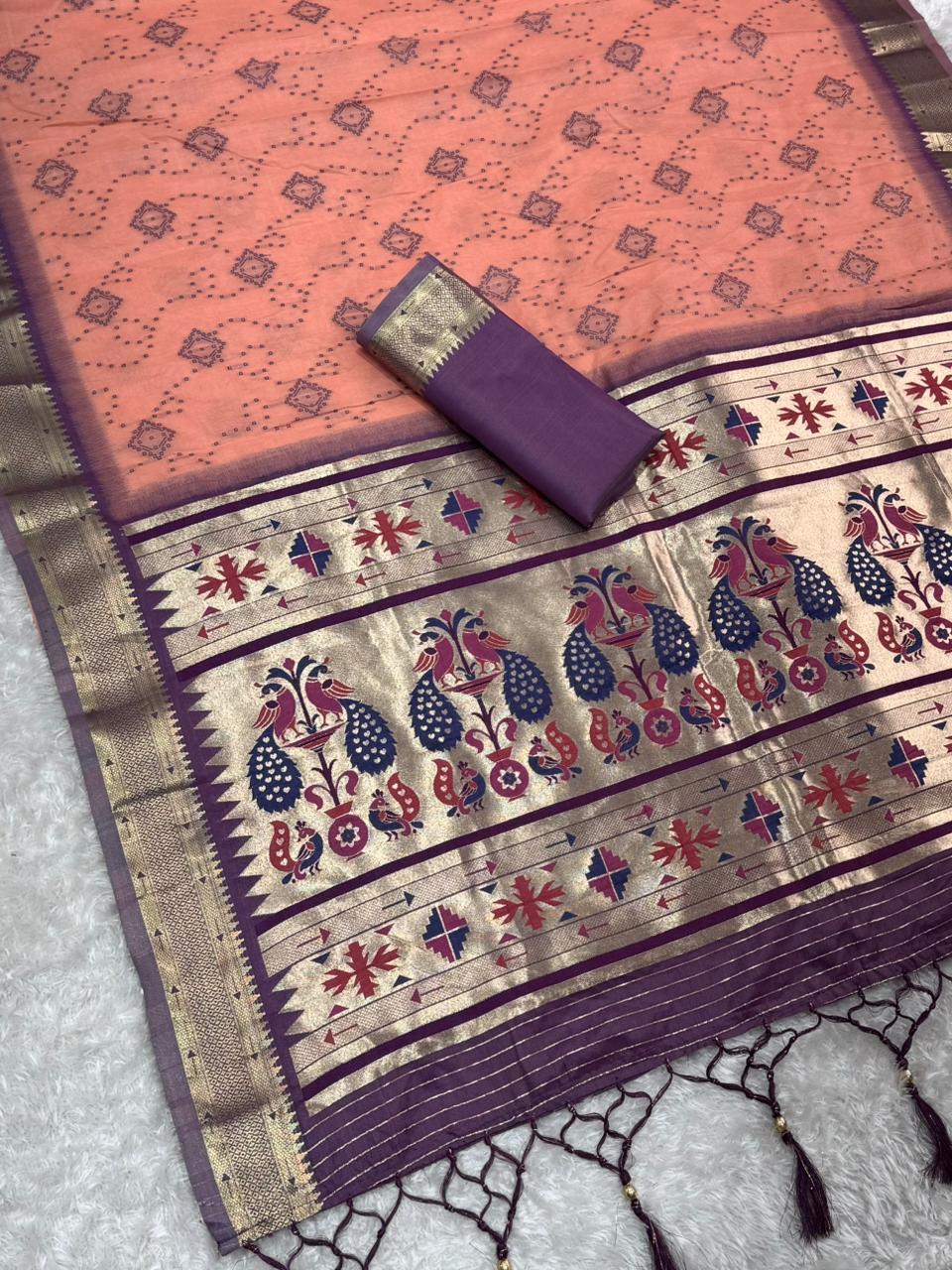 Cotton Bandhej Jacquard Saree with Zari & Minakari Pallu