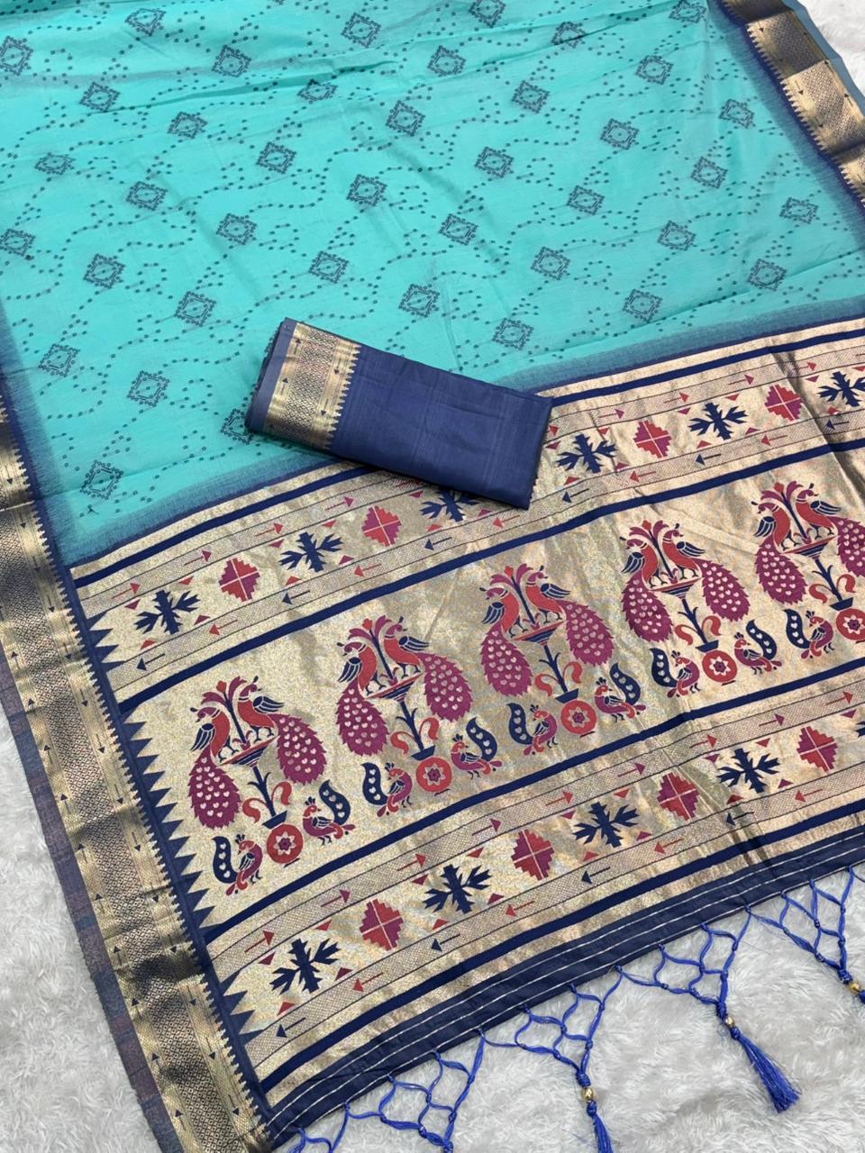 Cotton Bandhej Jacquard Saree with Zari & Minakari Pallu