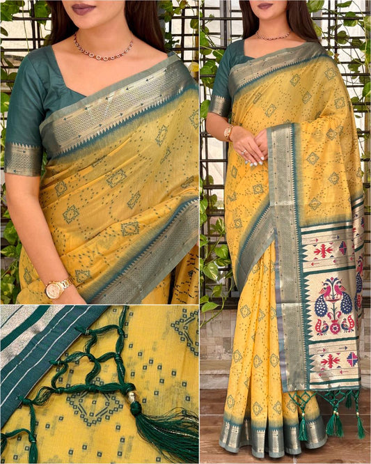Cotton Bandhej Jacquard Saree with Zari & Minakari Pallu