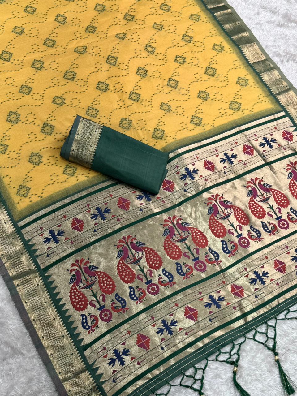 Cotton Bandhej Jacquard Saree with Zari & Minakari Pallu