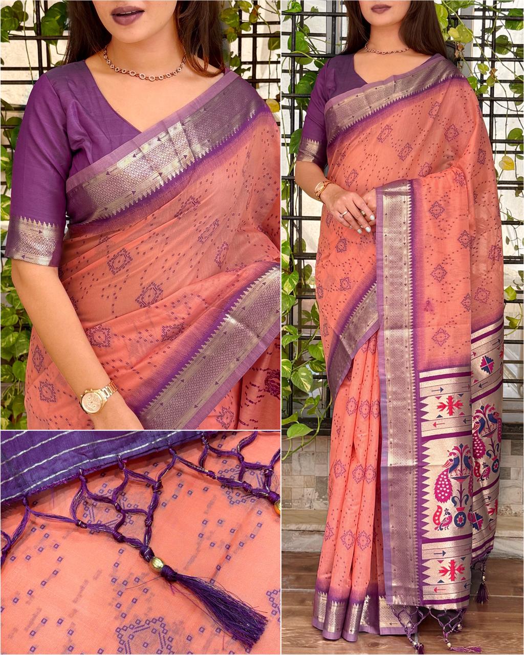 Cotton Bandhej Jacquard Saree with Zari & Minakari Pallu