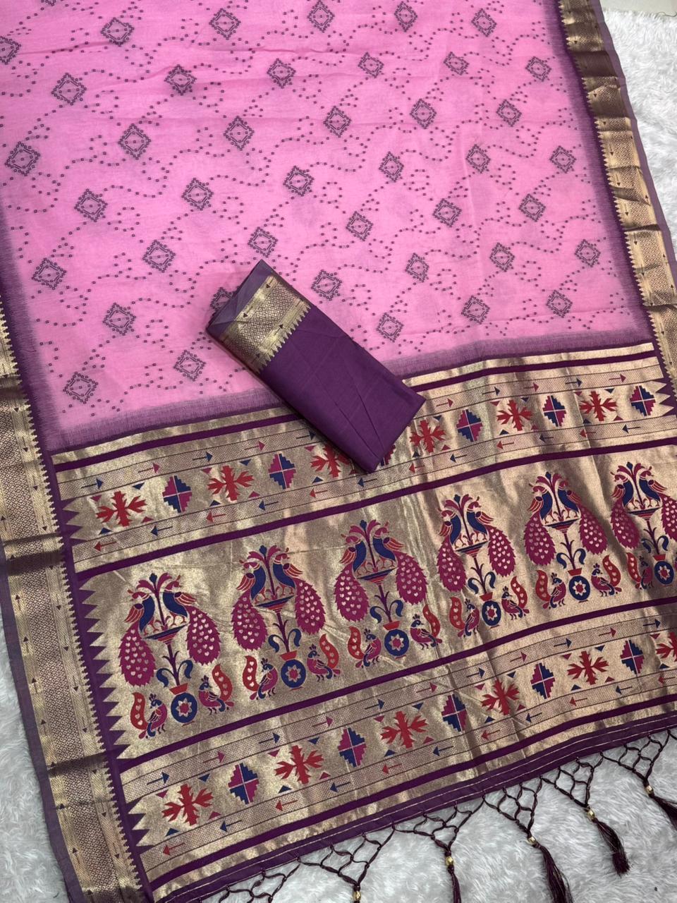 Cotton Bandhej Jacquard Saree with Zari & Minakari Pallu