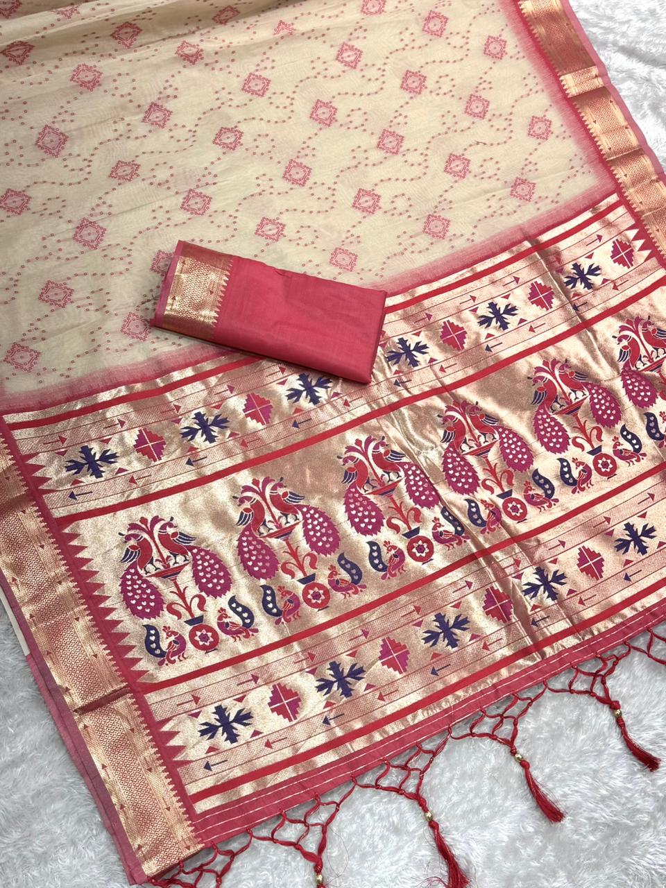 Cotton Bandhej Jacquard Saree with Zari & Minakari Pallu