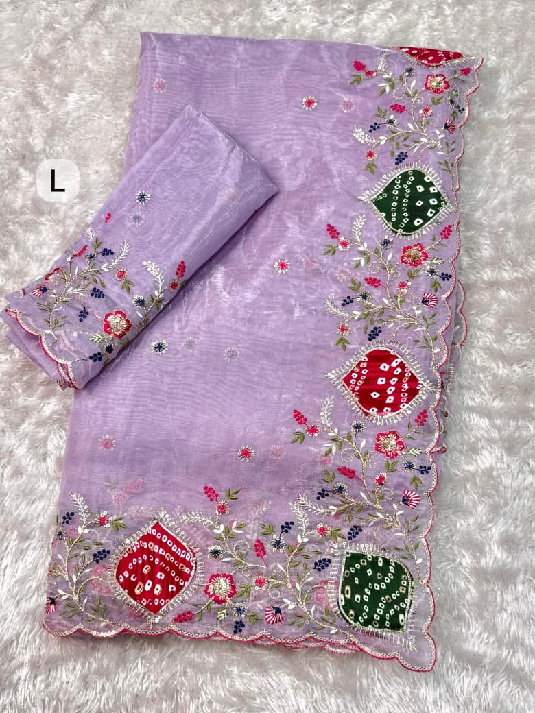 Luxury Crystal Tissue Saree with Zari Embroidery & Bandhej Hand Applique Border