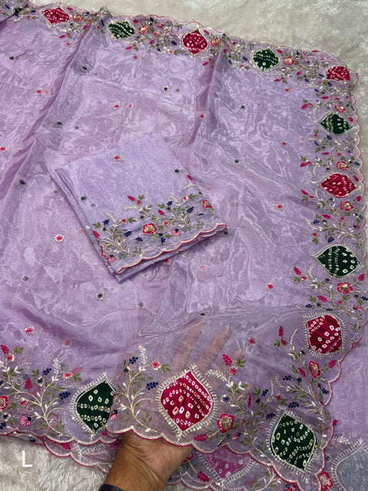 Luxury Crystal Tissue Saree with Zari Embroidery & Bandhej Hand Applique Border