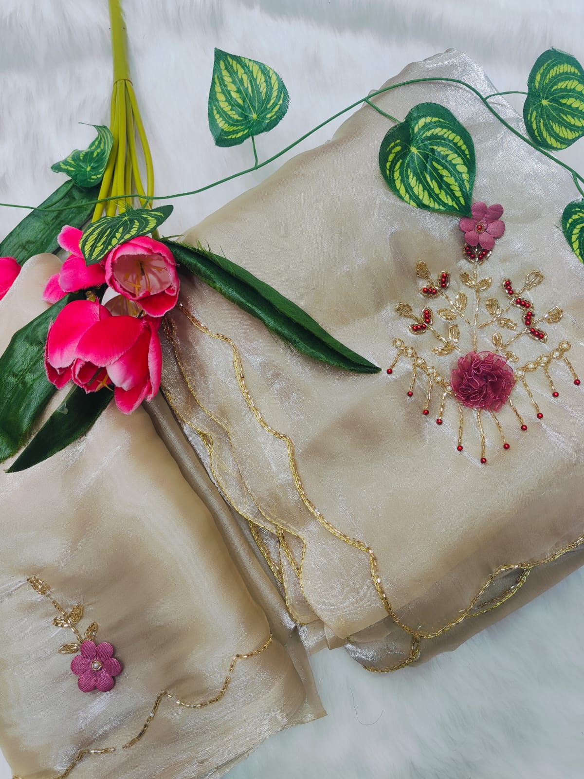 Premium Beige Jimichu Silk Saree with Cutdana & Sequin Butta Design