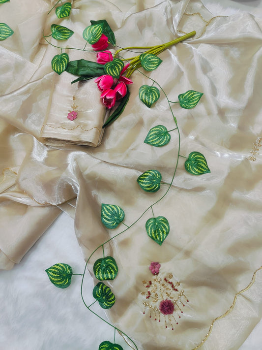 Premium Beige Jimichu Silk Saree with Cutdana & Sequin Butta Design