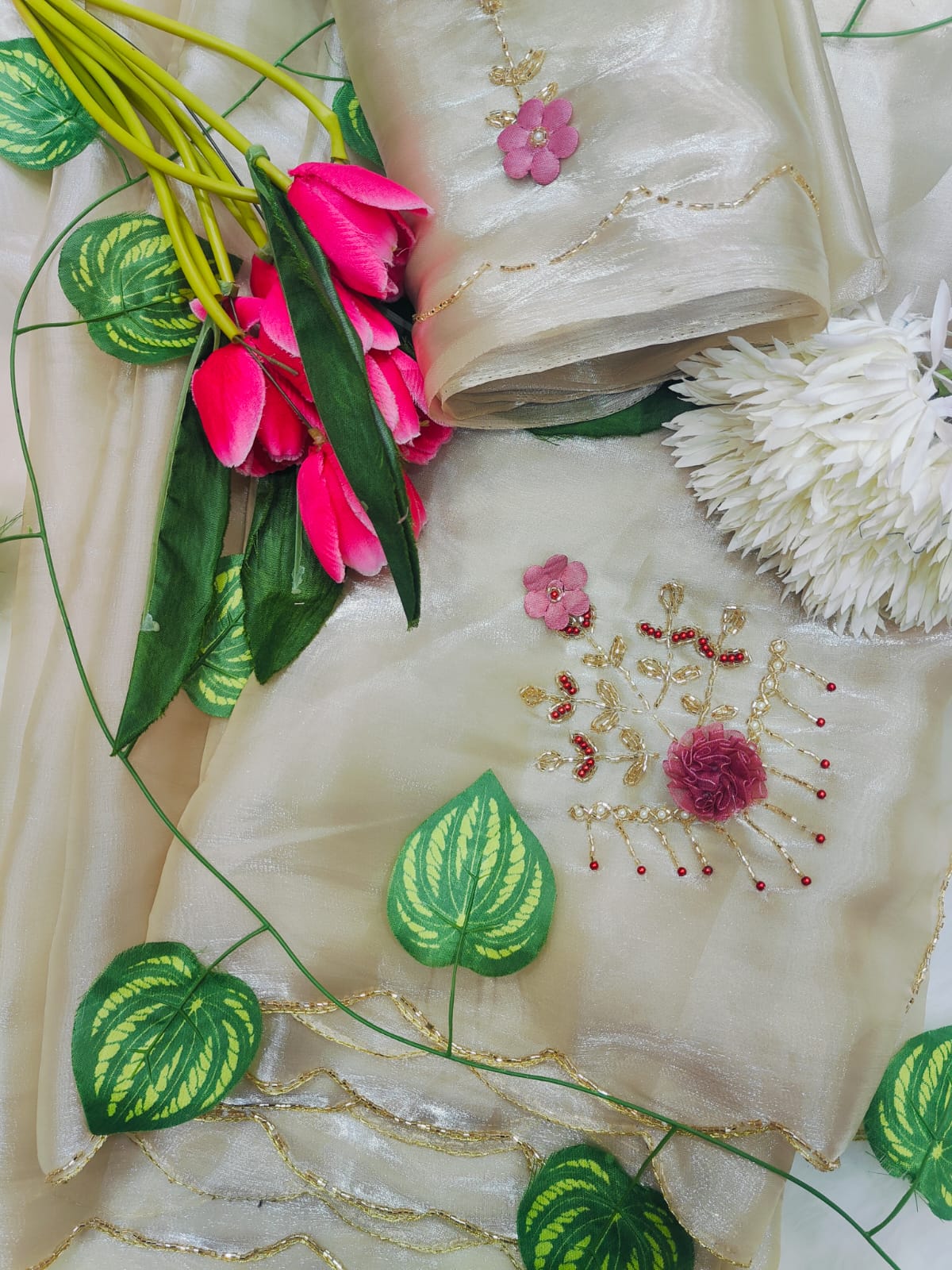 Premium Beige Jimichu Silk Saree with Cutdana & Sequin Butta Design