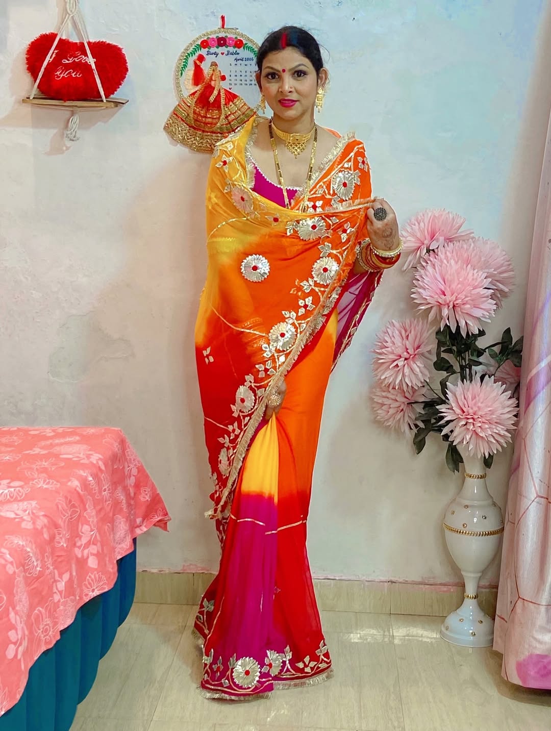 Handcrafted Tie & Dye Diamond Chiffon Saree with Gota Work Blouse