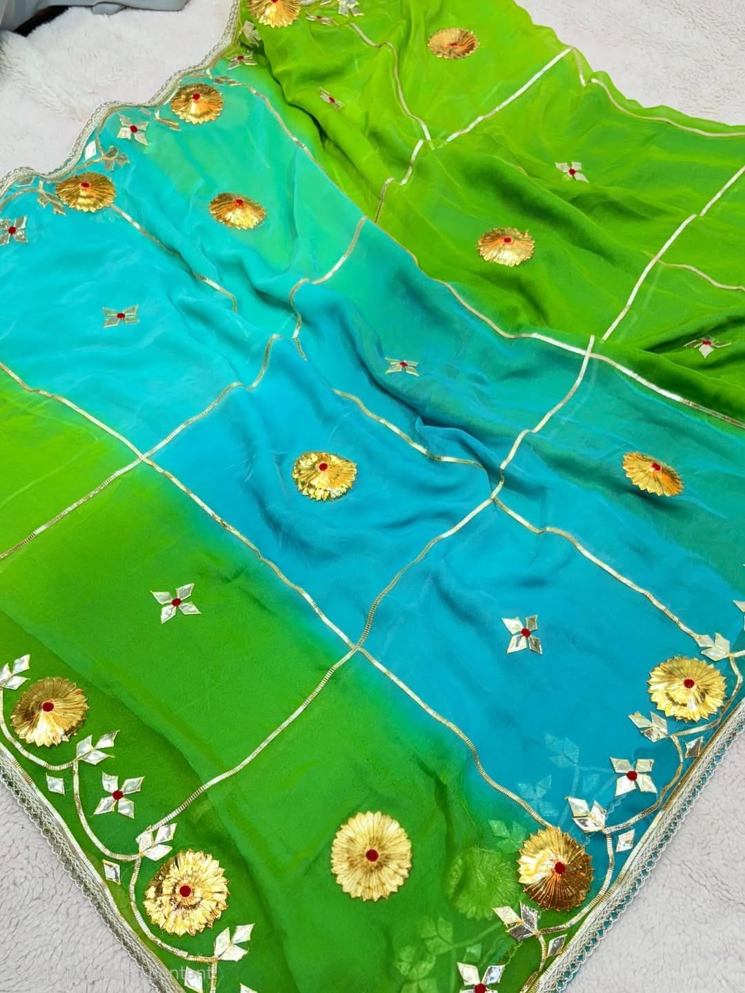 Handcrafted Tie & Dye Diamond Chiffon Saree with Gota Work Blouse