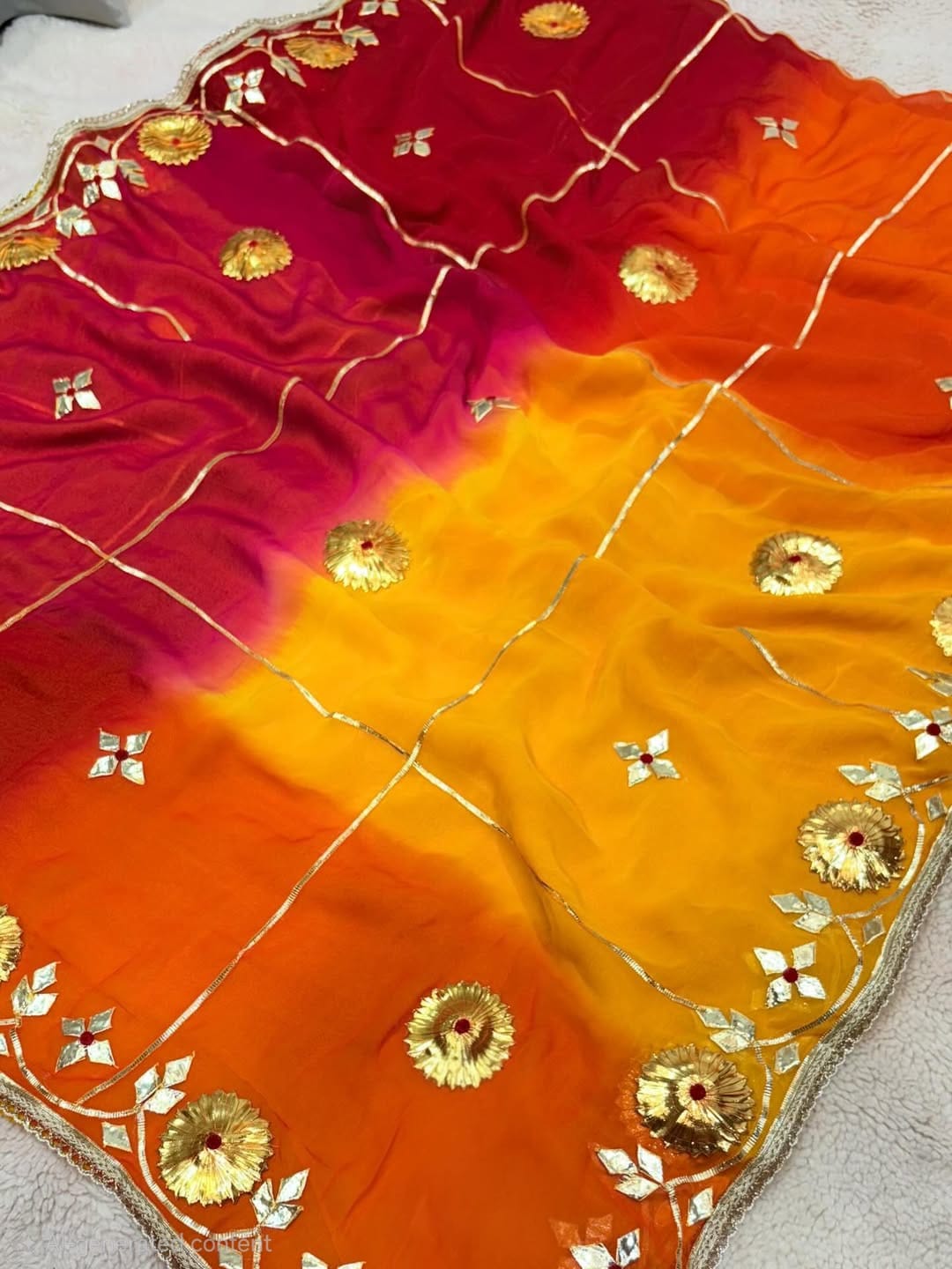 Handcrafted Tie & Dye Diamond Chiffon Saree with Gota Work Blouse