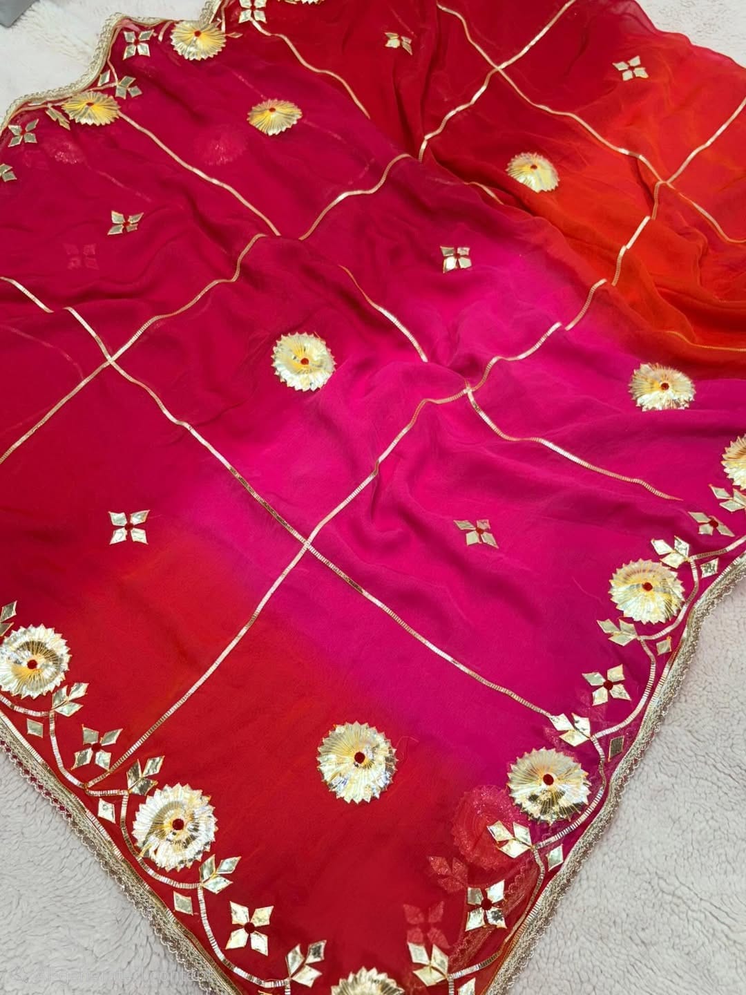 Handcrafted Tie & Dye Diamond Chiffon Saree with Gota Work Blouse