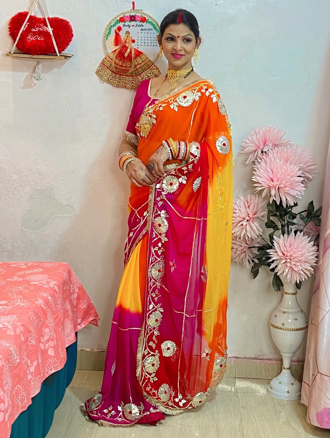 Handcrafted Tie & Dye Diamond Chiffon Saree with Gota Work Blouse
