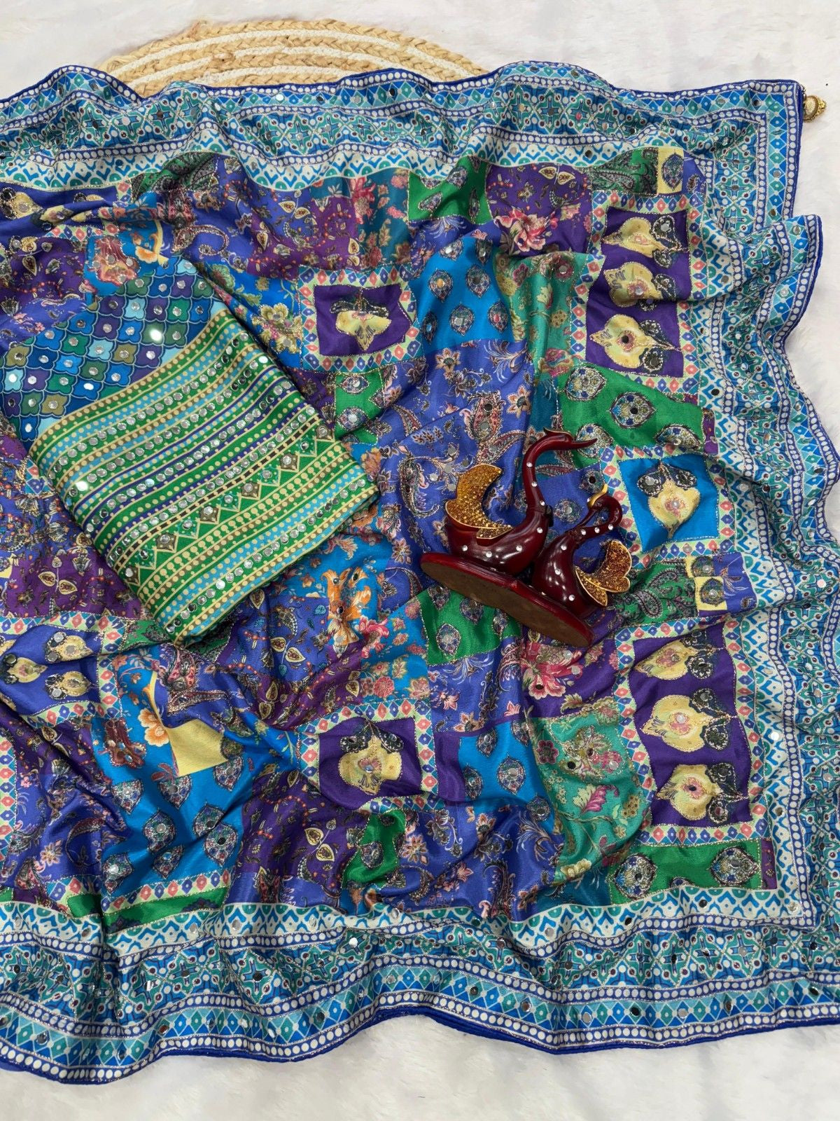 Designer Printed Chinnon Saree with Handcrafted Mirror & Zari Detailing