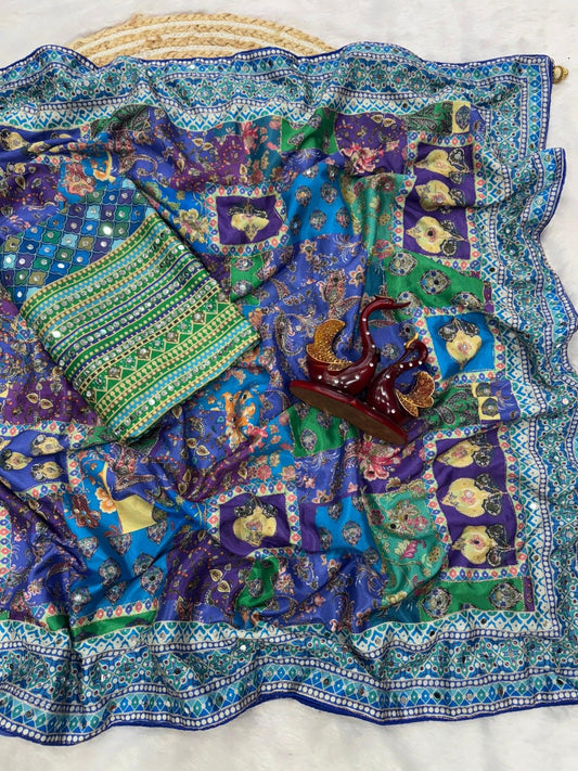 Designer Printed Chinnon Saree with Handcrafted Mirror & Zari Detailing