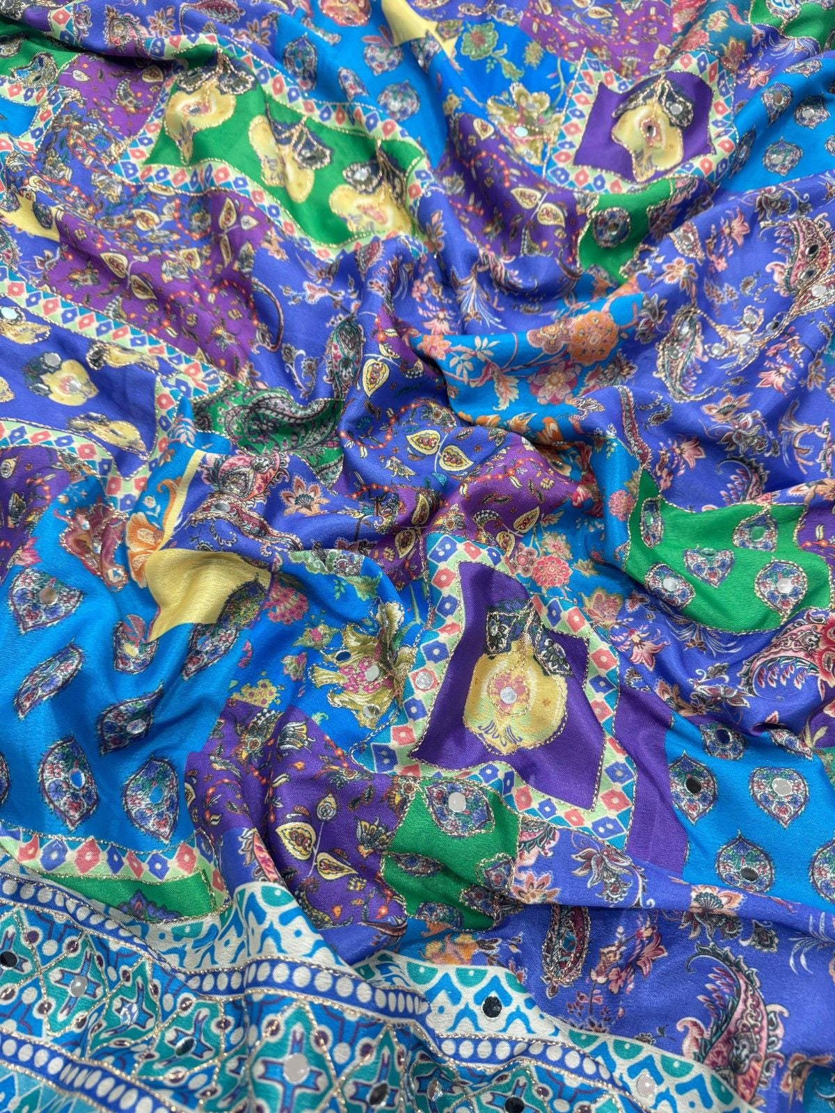 Designer Printed Chinnon Saree with Handcrafted Mirror & Zari Detailing