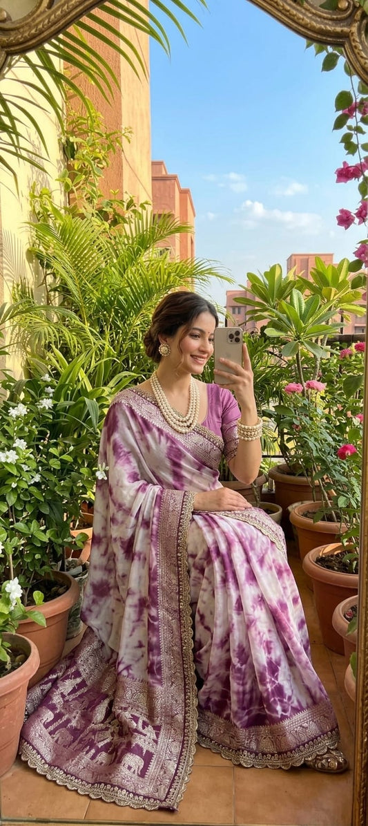 Soft & Elegant Hand-Dyed Viscose Saree with Zari Work & Designer Lace