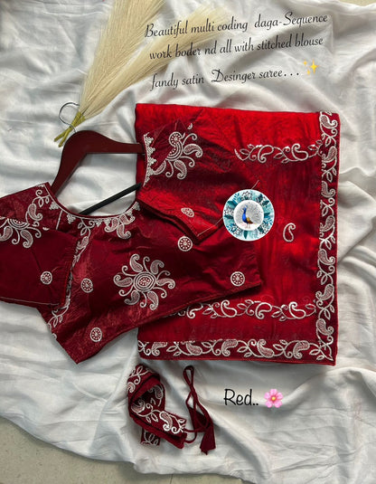Elegant Fancy Satin Silk Saree with Coding Daga & Sequence Work