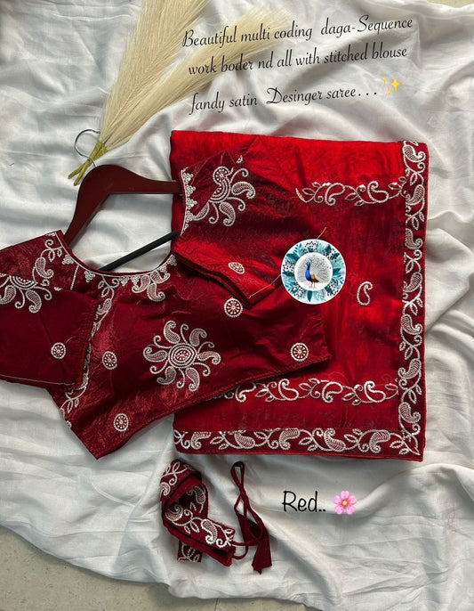 Elegant Fancy Satin Silk Saree with Coding Daga & Sequence Work
