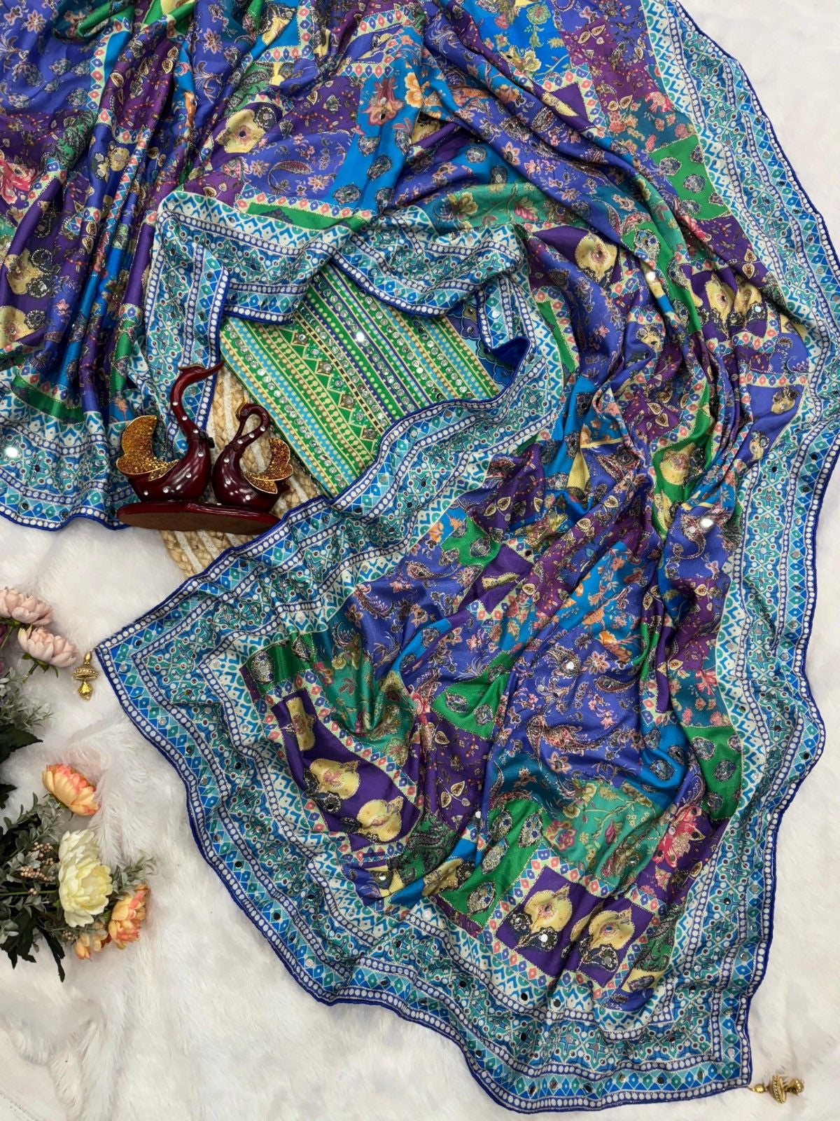 Designer Printed Chinnon Saree with Handcrafted Mirror & Zari Detailing