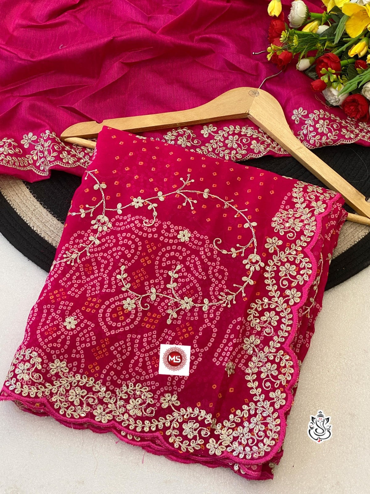 Exclusive C by C Bandhej Print Saree with Zari Embroidery & Cutwork Border