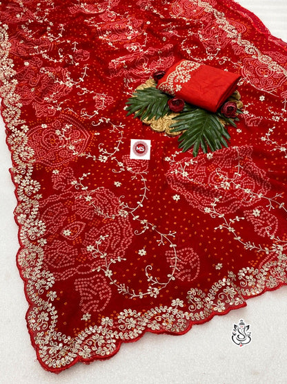 Exclusive C by C Bandhej Print Saree with Zari Embroidery & Cutwork Border