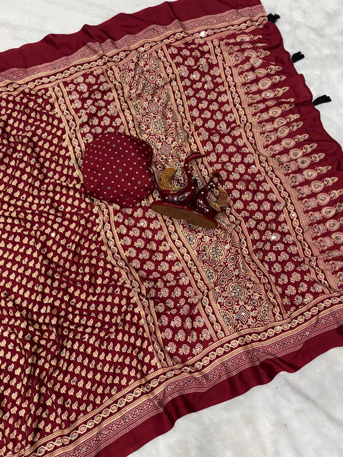 Trendy Soft Crepe Silk Ajrakh Saree with Real Mirror Work
