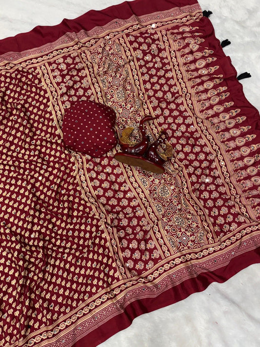 Trendy Soft Crepe Silk Ajrakh Saree with Real Mirror Work