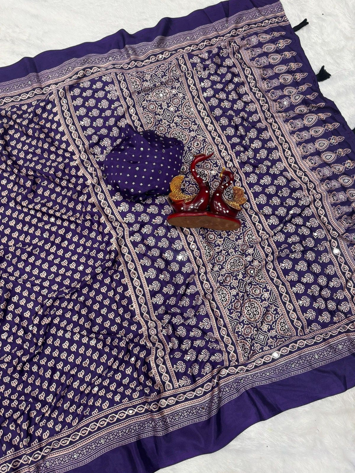 Trendy Soft Crepe Silk Ajrakh Saree with Real Mirror Work