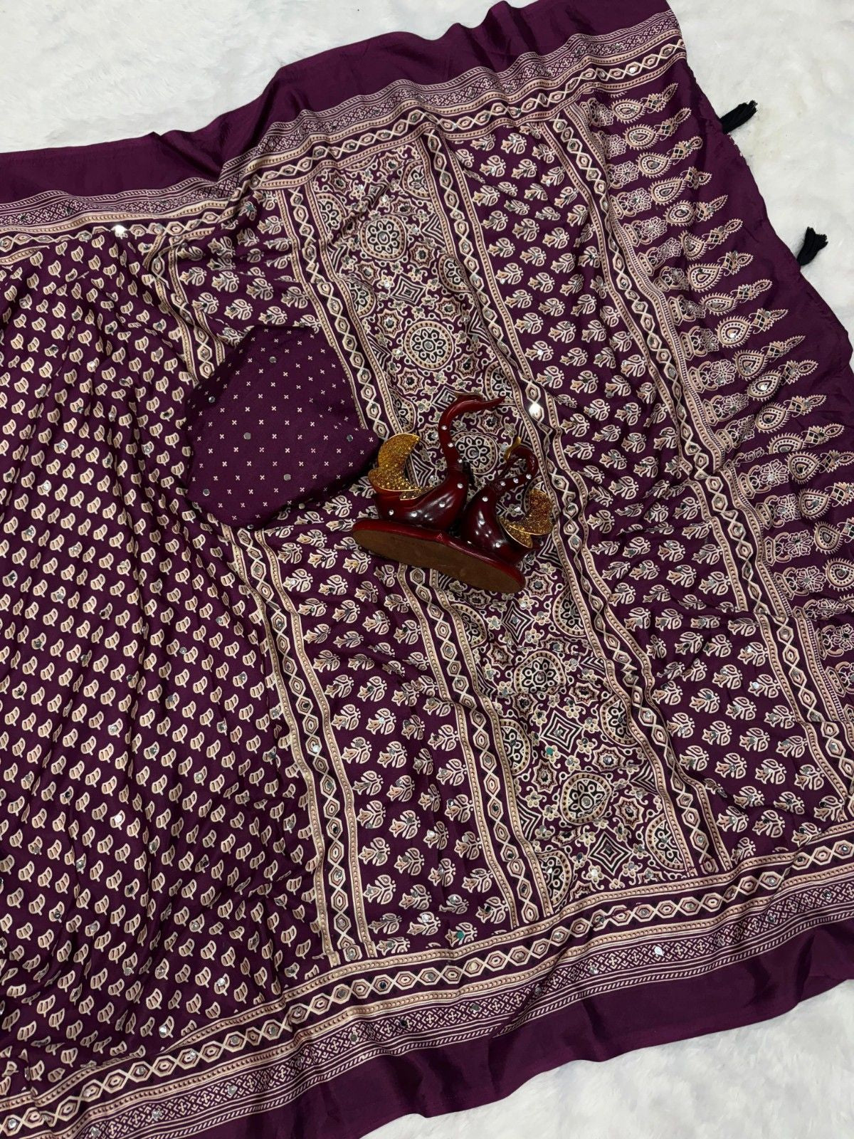Trendy Soft Crepe Silk Ajrakh Saree with Real Mirror Work