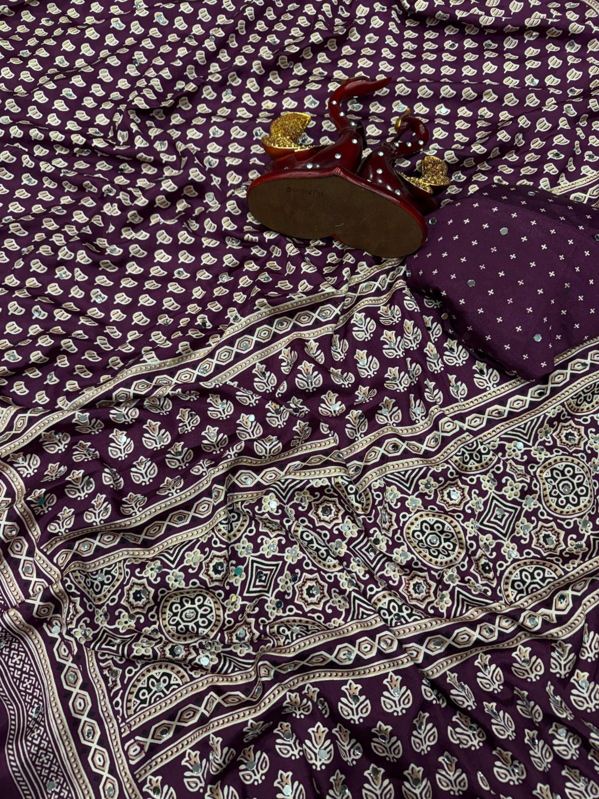 Trendy Soft Crepe Silk Ajrakh Saree with Real Mirror Work
