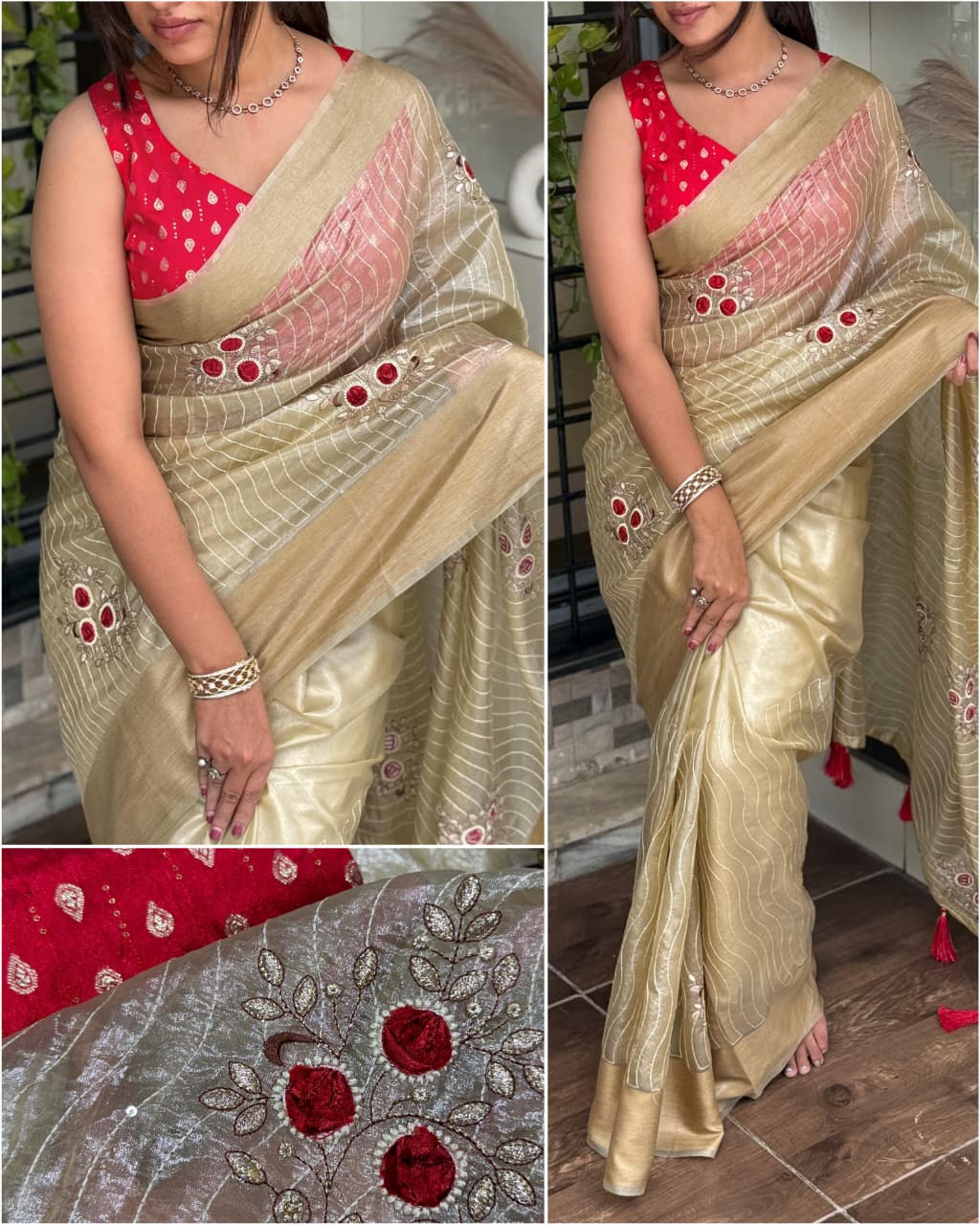 Golden Glow Tissue Silk Saree with Blade Cut Work & Jacquard Blouse