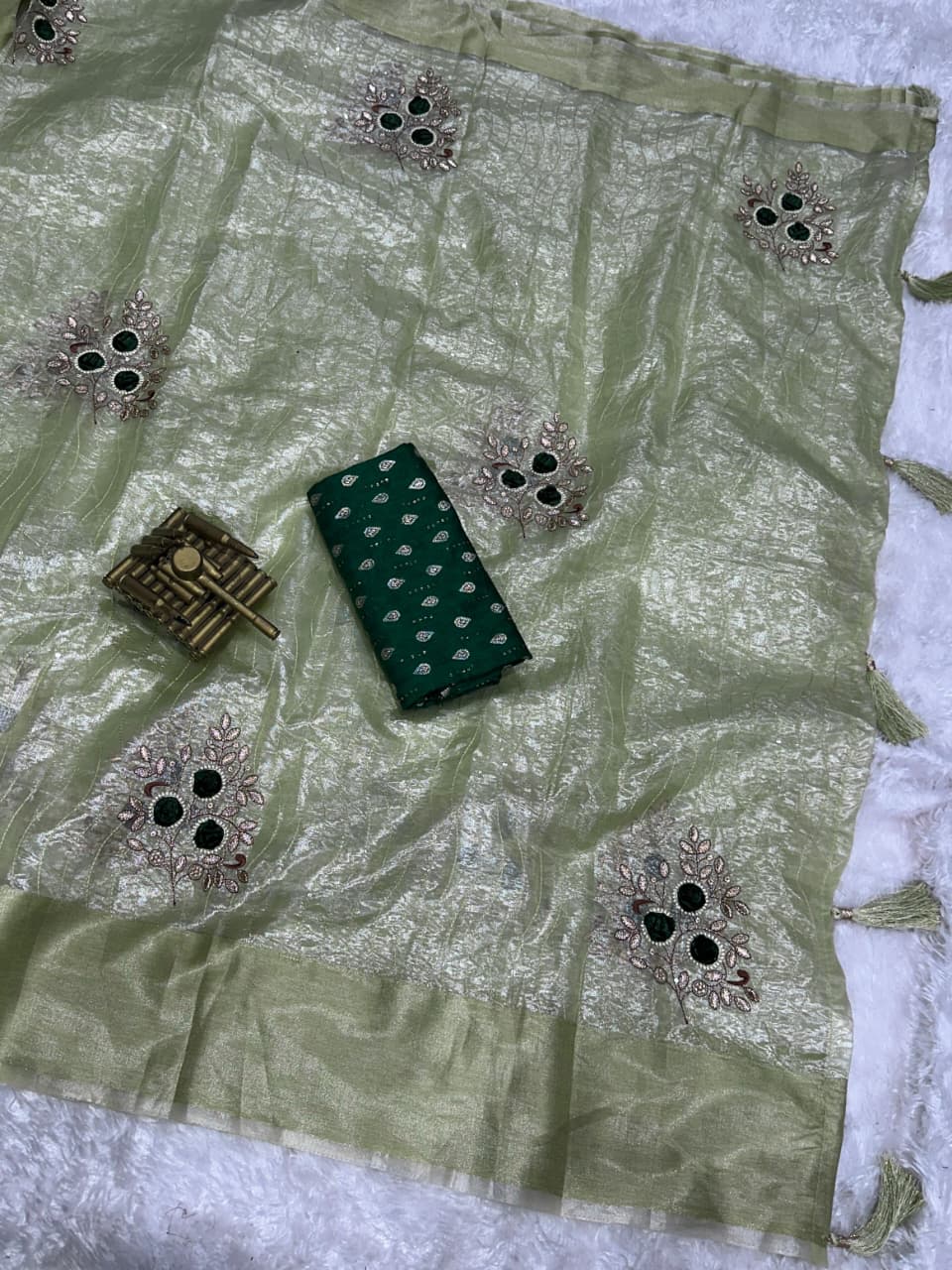 Golden Glow Tissue Silk Saree with Blade Cut Work & Jacquard Blouse