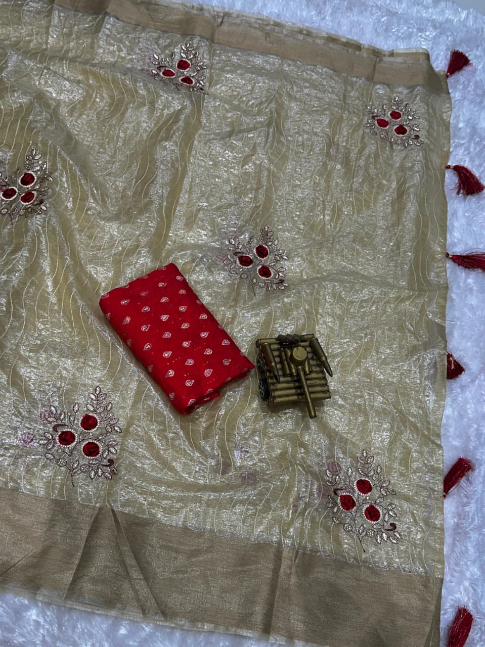 Golden Glow Tissue Silk Saree with Blade Cut Work & Jacquard Blouse