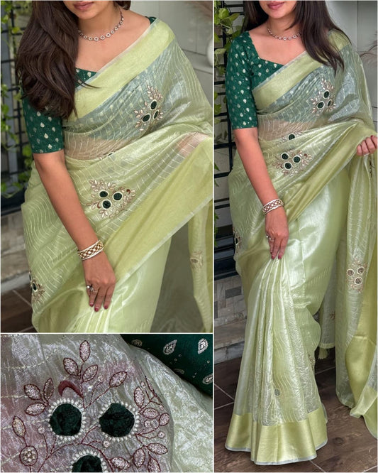 Golden Glow Tissue Silk Saree with Blade Cut Work & Jacquard Blouse