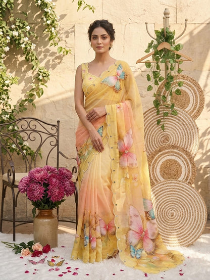 Premium Georgette Silk Saree with Butterfly Print Khatli Moti Handwork Blouse