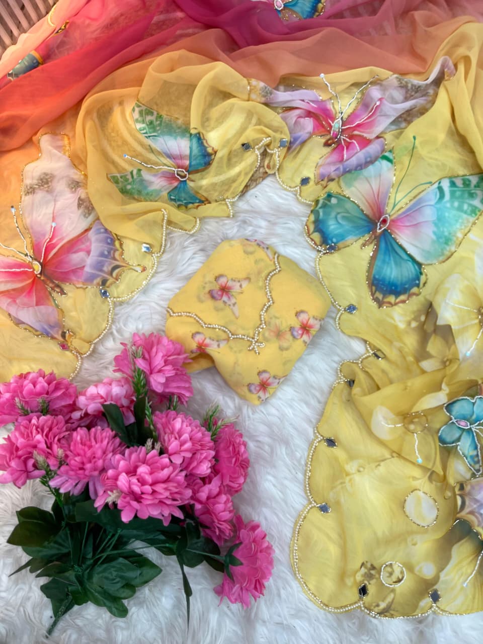 Premium Georgette Silk Saree with Butterfly Print Khatli Moti Handwork Blouse