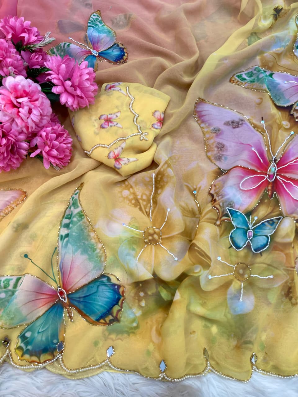 Premium Georgette Silk Saree with Butterfly Print Khatli Moti Handwork Blouse
