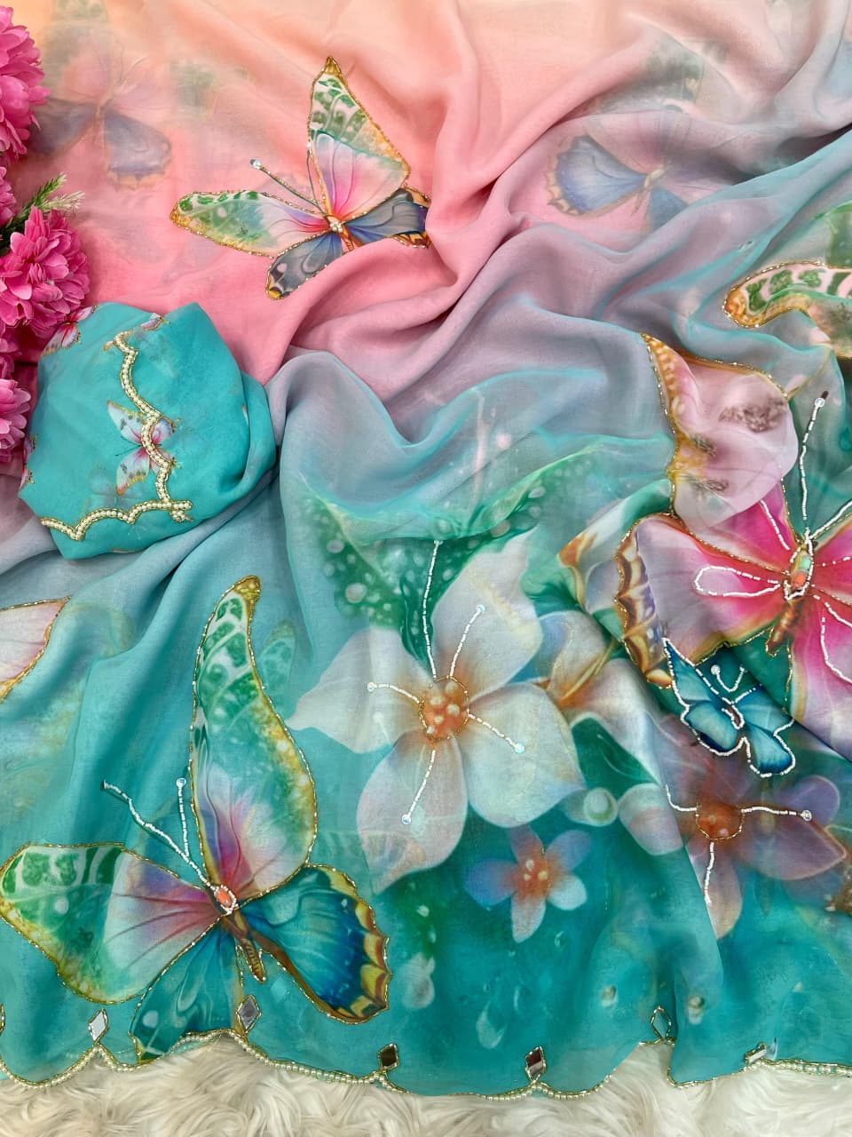 Premium Georgette Silk Saree with Butterfly Print Khatli Moti Handwork Blouse