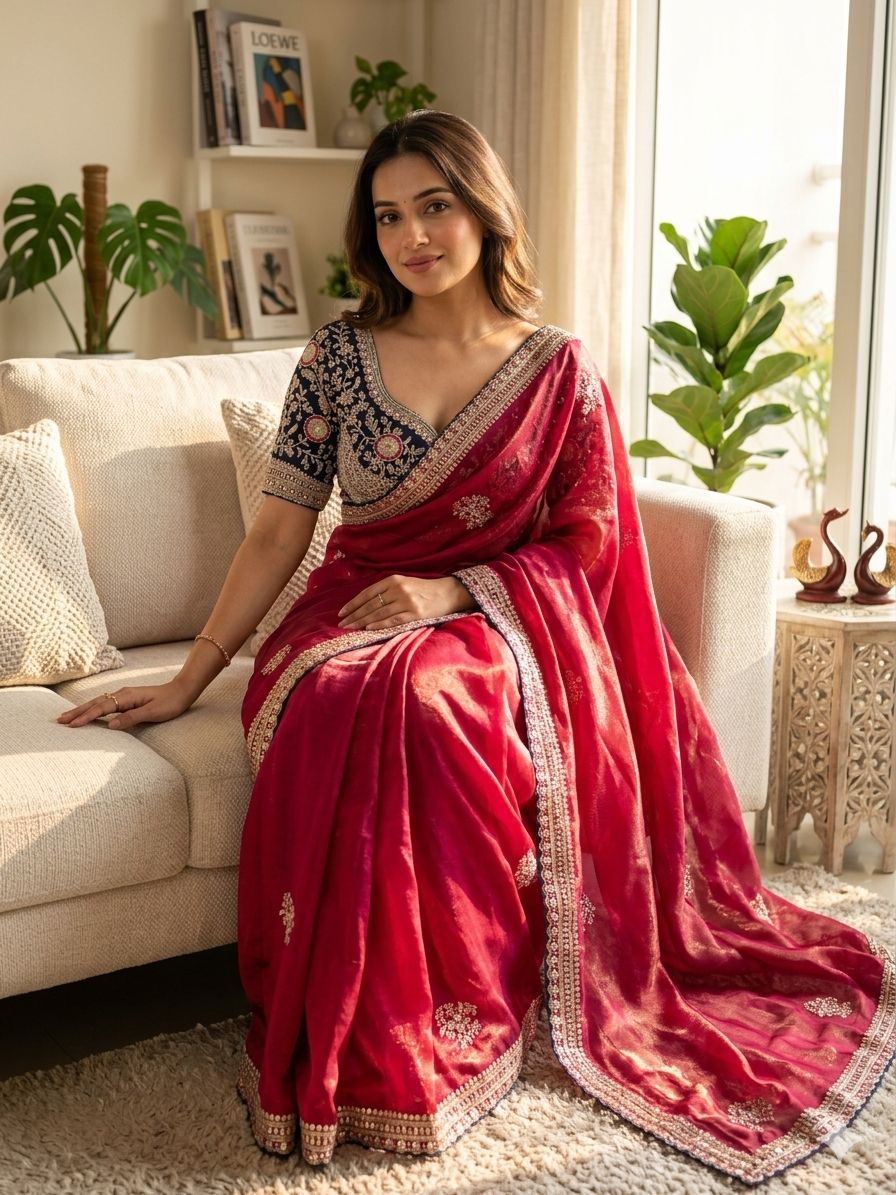 Designer Fendy Satin Saree with Rich Zari & Sequins Work Stitched Blouse