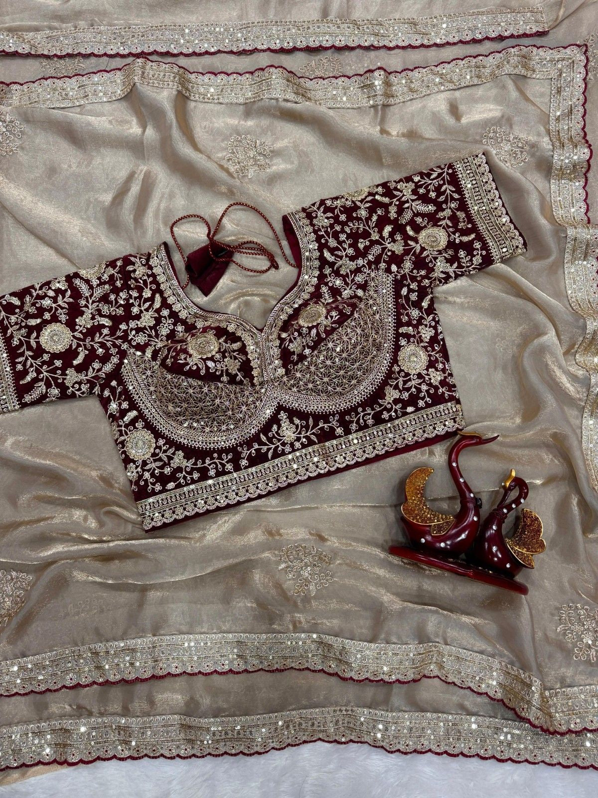 Designer Fendy Satin Saree with Rich Zari & Sequins Work Stitched Blouse