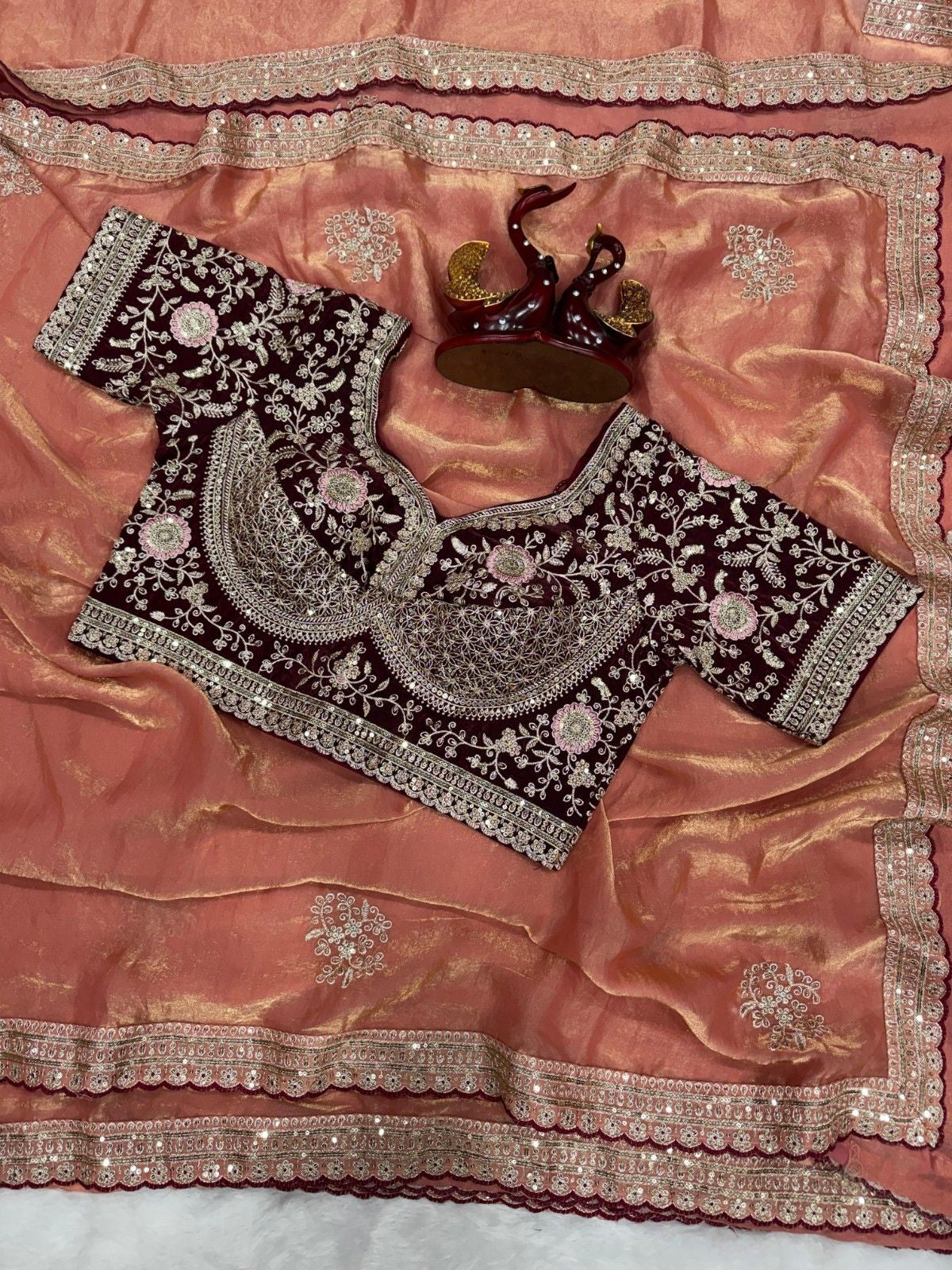 Designer Fendy Satin Saree with Rich Zari & Sequins Work Stitched Blouse