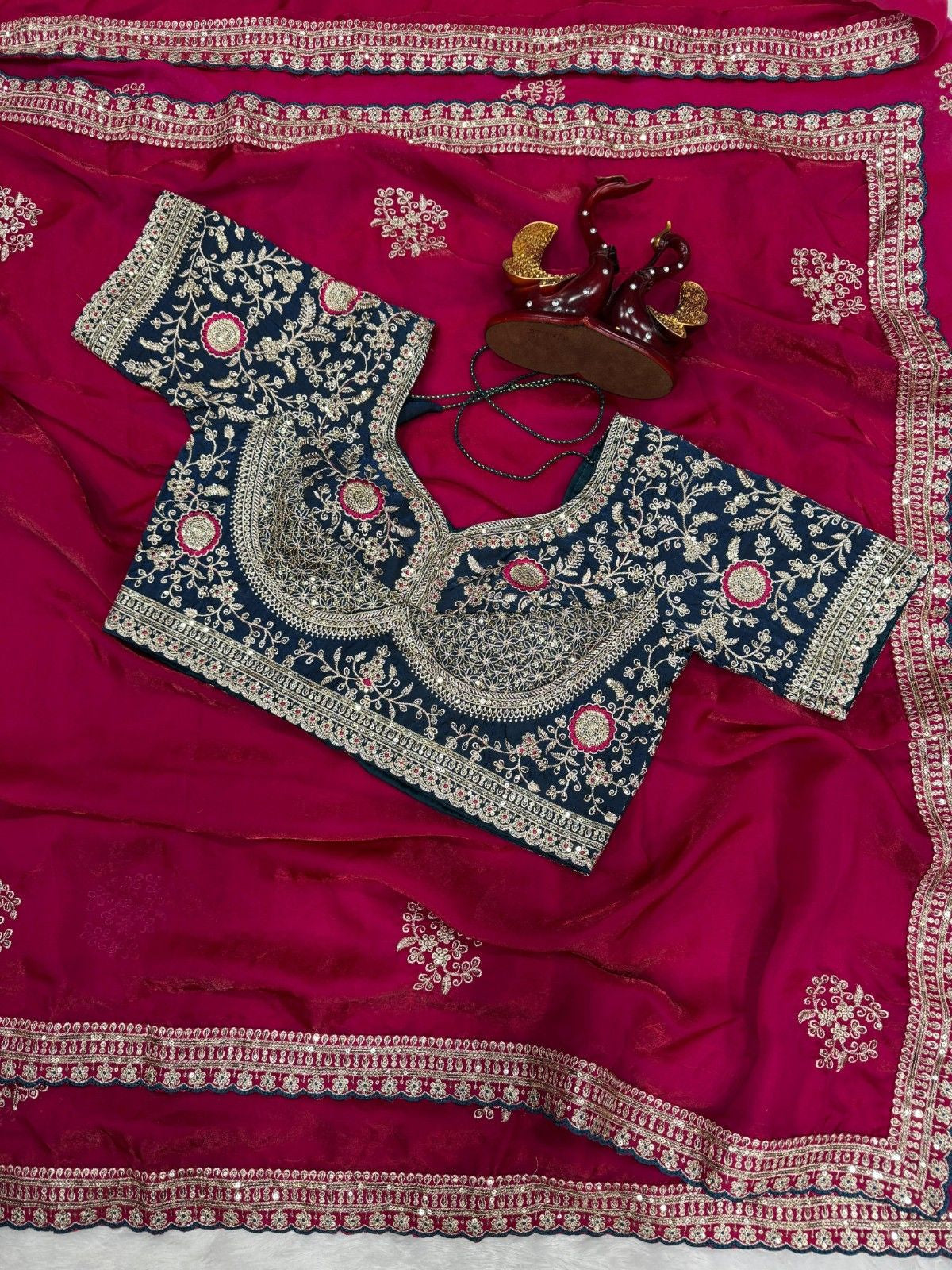 Designer Fendy Satin Saree with Rich Zari & Sequins Work Stitched Blouse