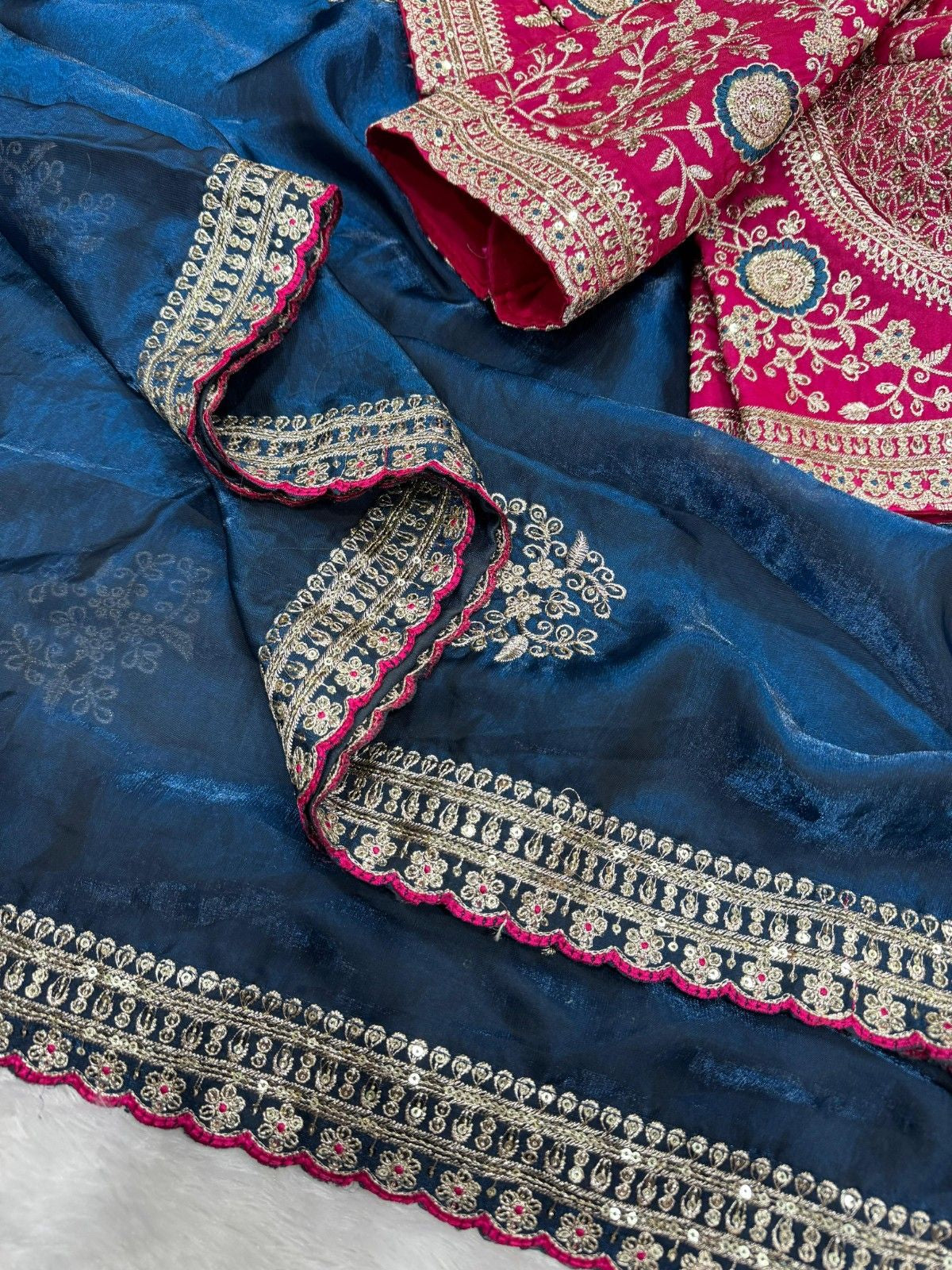 Designer Fendy Satin Saree with Rich Zari & Sequins Work Stitched Blouse